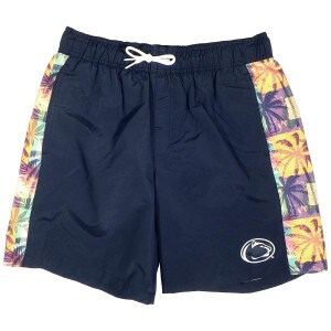 men's navy swim shorts with bright multicolored palms on sides and embroidered Penn State Athletic Logo on left thigh